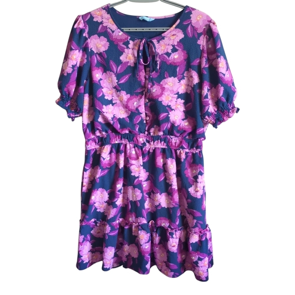 Draper James Puff Sleeve Fit‎ & Flare Mini Dress Navy Purple Floral Size XL